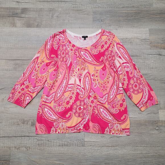 Talbots Paisley Cardigan Button Up Knit Sweater 2X Pink Crew Neck Preppy Classic - Picture 1 of 6